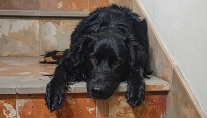 Black Dog Relaxing on Stairs.