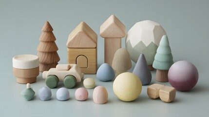 Natural wood and pastel toys scattered as family plays in harmony