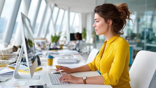 Focused Professional at Work: A concentrated woman, working on a computer in a modern office, demonstrates focus and professional efficiency.
