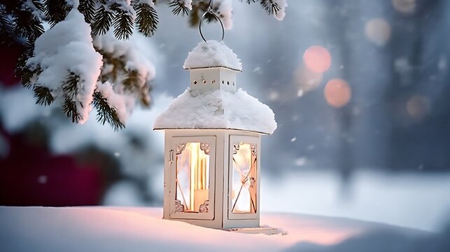 Candlelit lantern in a snowy winter forest scene with pine branches