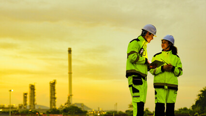 Petrochemical leaders survey their domain, a commanding industrial panorama. This strategic view at...