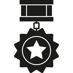Black Star Shaped Medal Award with Ribbon on White Background Graphic Icon