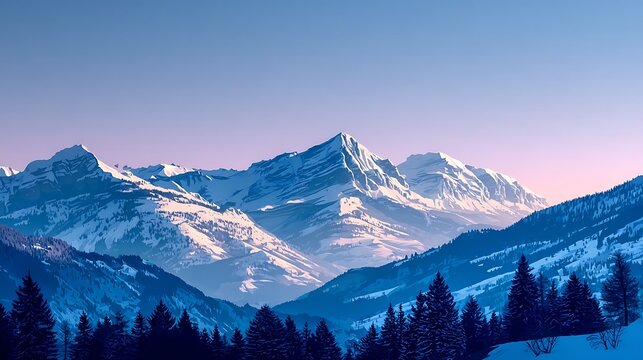 Snowy mountains above sea of clouds at sunrise