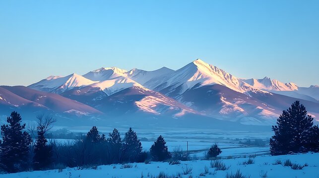 Snowy mountains above sea of clouds at sunrise