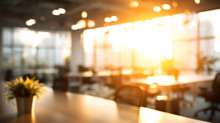 Warm sunlight illuminates a modern office interior with desks and chairs warm light