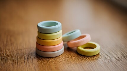 Family interaction focused on colorful pastel stacking rings on the floor