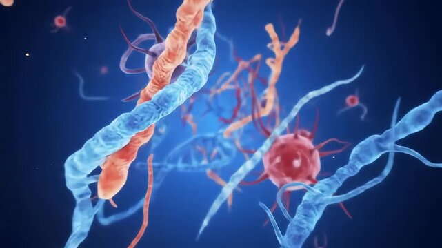 Dynamic 3D Animation of Microscopic Biological Structures Representing DNA Strands Viruses and Bacteria in a Scientific or Medical Context Ideal for Educational and Research Visualizations.