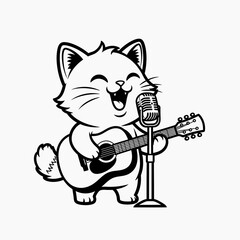 Cute cartoon cat singing into a vintage microphone, playing guitar
