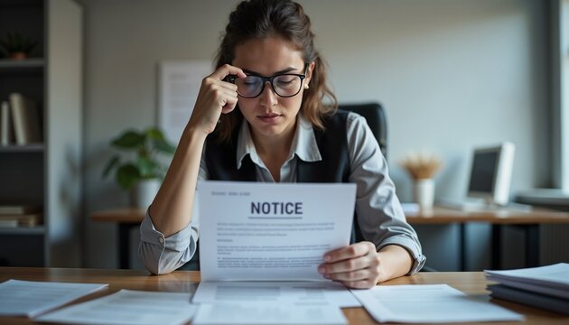 Shocked worker looking at layoff notice with concern at desk in office space