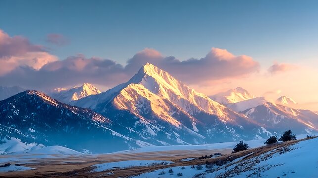 Snowy mountains above sea of clouds at sunrise