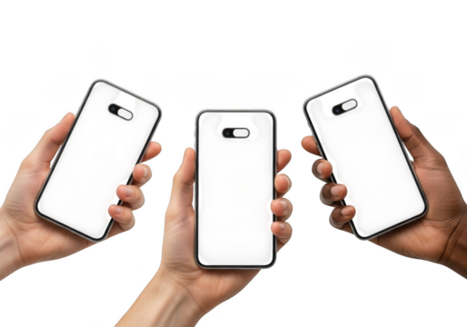 Three hands hold modern smartphones showcasing device features in studio lighting transparent background