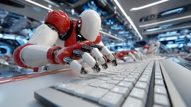 Robotic Typing on Futuristic Keyboard: A sleek, modern robot, in a state-of-the-art laboratory, engrossed in typing on a futuristic keyboard.