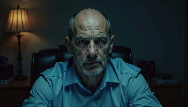 Lonely middle-aged bald man sitting in darkness illuminated by computer light in office