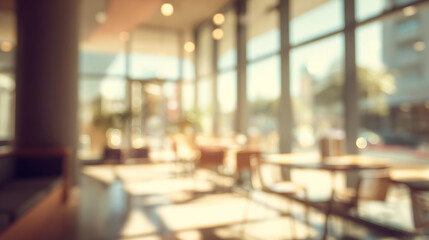 Warm sunlit cafe interior with tables and chairs blurred soft focus