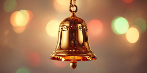 Golden bell hanging against soft colorful bokeh lights illuminated to create festive warm atmosphere