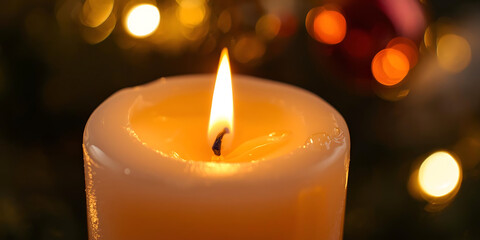 Warm orange candle glowing softly with bright flame against blurred twinkling golden lights cozy ambiance