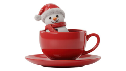 Cute snowman wearing a santa hat and red scarf peeking out of a red coffee mug with saucer isolated on transparent background
