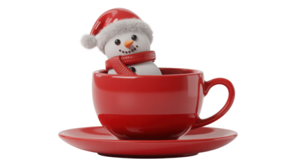 Cute snowman wearing a santa hat and red scarf peeking out of a red coffee mug with saucer isolated on transparent background