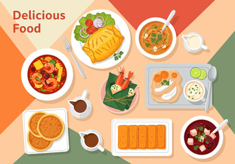 An appetizing array of illustrated dishes, from savory seafood stews and pastries to golden pancakes, is presented in a colorful top-down flat lay composition