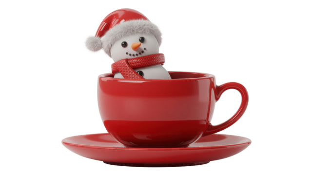 Cute snowman wearing a santa hat and red scarf peeking out of a red coffee mug with saucer isolated on transparent background - Powered by Adobe