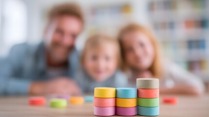 Soft-focus scene of family smiling over completed pastel stacking set