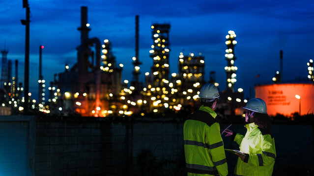 Petrochemical engineers in PPE conduct a night shift inspection at a refinery. They use a tablet for real-time data monitoring and auditing of the processing plant.