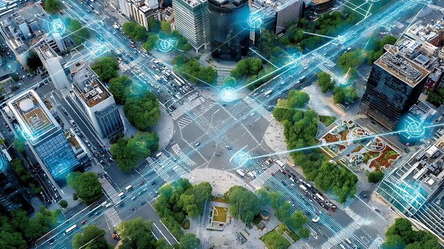 Aerial view of a bustling urban intersection with digital connectivity and green spaces