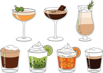 Diverse Collection of Coffee, Cocktails, and Dessert Drinks with Garnishes, Perfect for Menu Design and Cafe Promotions.