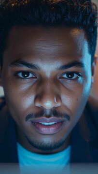 Vertical video: Leaning man responding to laptop glow by typing in home office, focused expression