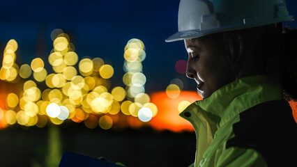 A close up of a female industrial worker in a hard hat and safety gear looking at a lit up factory or refinery at night. The background lights are blurred into bokeh.