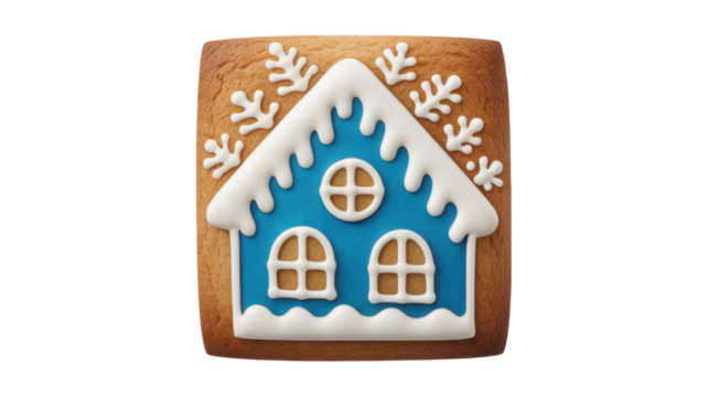 A festive blue gingerbread house cookie decorated with white icing snowflakes and icicles isolated on transparent background - Powered by Adobe