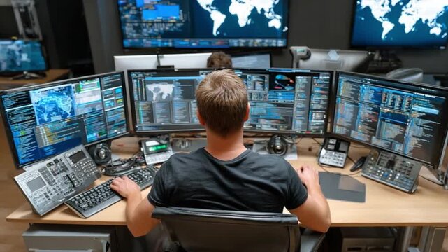 Tech Specialist at Work: A dedicated tech specialist engrossed in monitoring data, surrounded by a complex array of screens displaying real-time information, in a bustling operational hub.