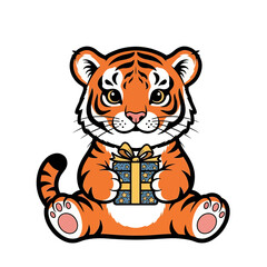 Happy tiger cub presents a star gift box with ribbon for celebrations