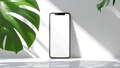 Smartphone mockup with blank screen and tropical leaf shadow overlay.