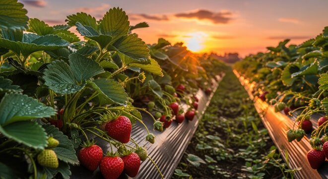 Rows of strawberry plants with ripe red fruit under a vibrant sunset sky. - Powered by Adobe
