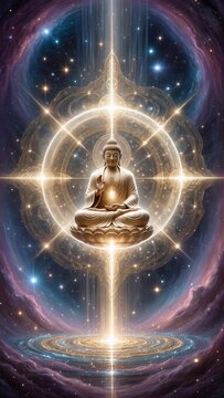 Shining Buddha Maitreya Master God surrounded by Light, space universe background, cosmic mandala and planets, loop fantasy art