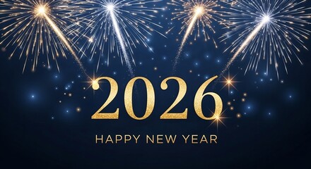 Fireworks celebrating New Year 2026 with golden text on blue background