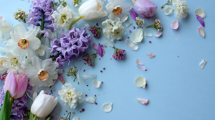 White and purple spring flowers scattered on blue daffodils tulips