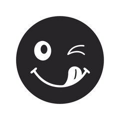 Winking Smiley Face Graphic Happy Emoji Icon with Tongue Out Playful Digital Vector Joyful Communication Black and White