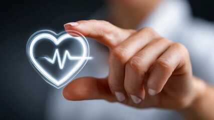 Heart health in hand: A close-up view of a hand delicately touching a glowing heart symbol, highlighting the importance of cardiovascular wellness.