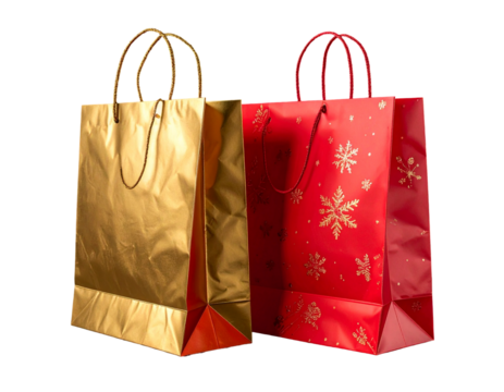 Two festive gift bags one gold one red with snowflakes.