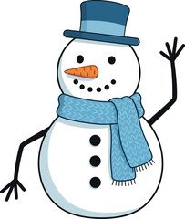 Cheerful snowman wearing a blue scarf waving hello for your holiday design