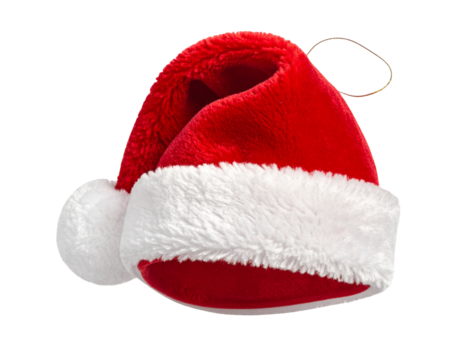 A classic red Santa hat with white fluffy trim and pom pom.