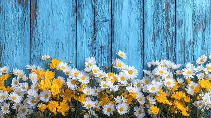 White and yellow daisies on weathered blue wood white flowers yellow flowers