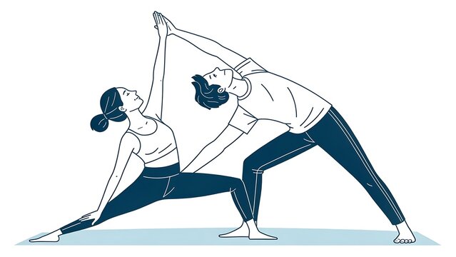 Harmonious Partner Yoga Pose Illustration: Couple Practicing Acro Yoga for Balance, Wellness, and Connection in Minimalist Line Art