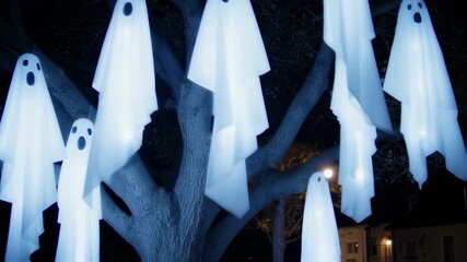 Eerie Halloween Ghosts Hanging from Tree Branches at Night.