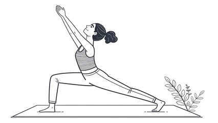 Minimalist Line Art Illustration of Woman Practicing Warrior I Yoga Pose on Mat, Promoting Wellness and Mindfulness