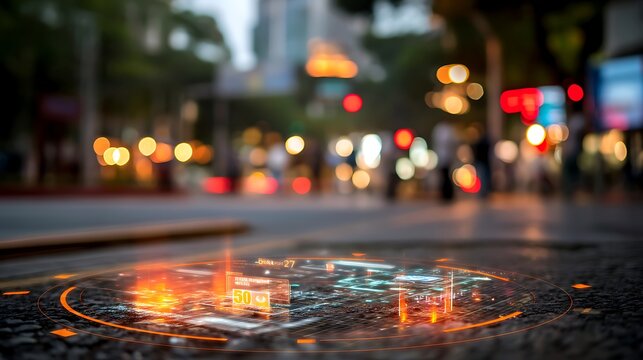 Futuristic city street at night showcasing holographic display of speed limit amidst blurred traffic