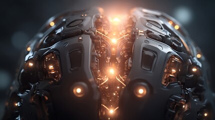 Futuristic robotic brain with glowing circuits, showcasing advanced technology in a dark environment