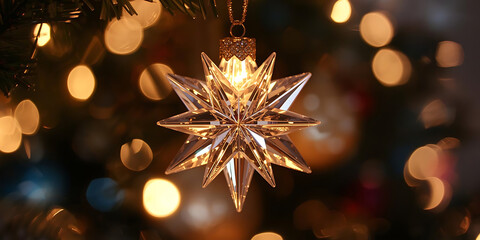 Sparkling multi-pointed crystal star ornament hanging on Christmas tree with warm blurred festive lights
